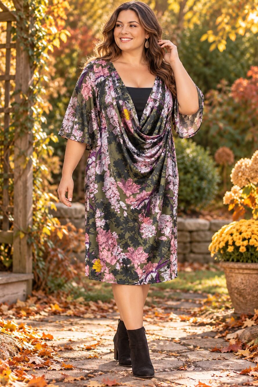 Dressbarn Olive Floral Midi Dress XL Draped V Neck Sheer Bell Sleeves